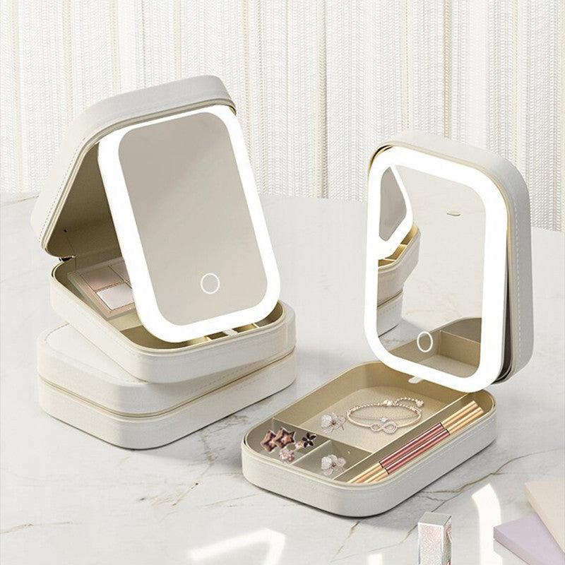 Portable makeup storage box with LED light mirror - MerMoh